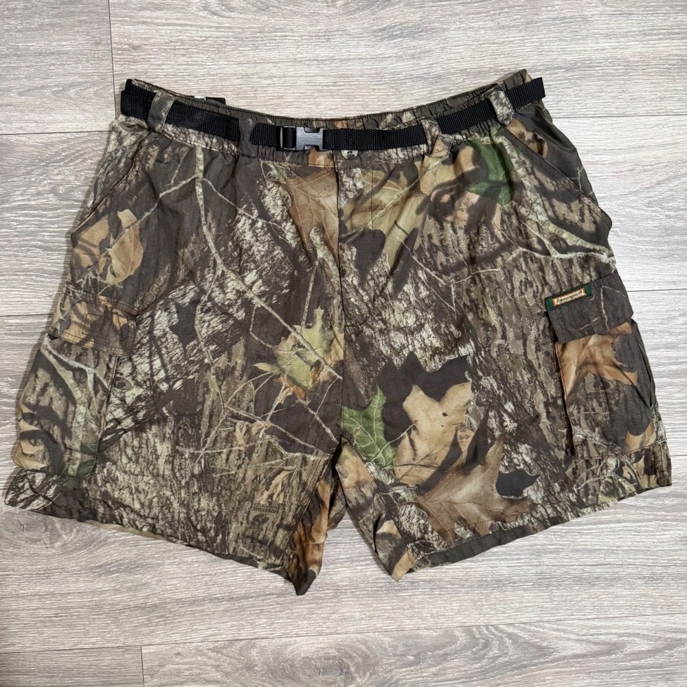 Vintage 1990s Remington Mossy Oak Camo Cargo Shorts Mens XL Nylon Belted Hiking